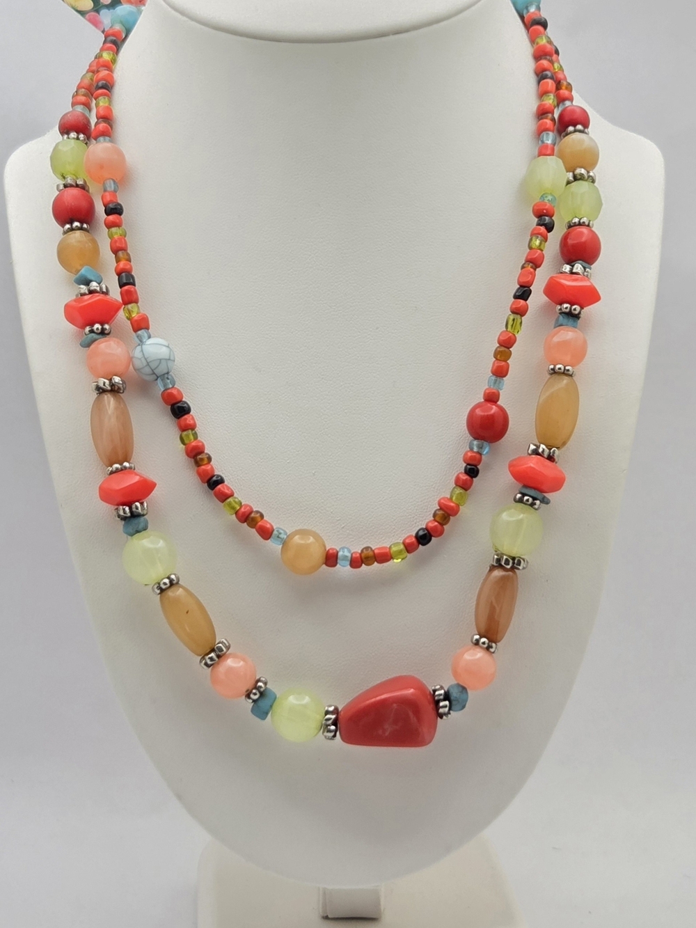 Boho Colorful Beaded Double Strand Statement Necklace 17.5"